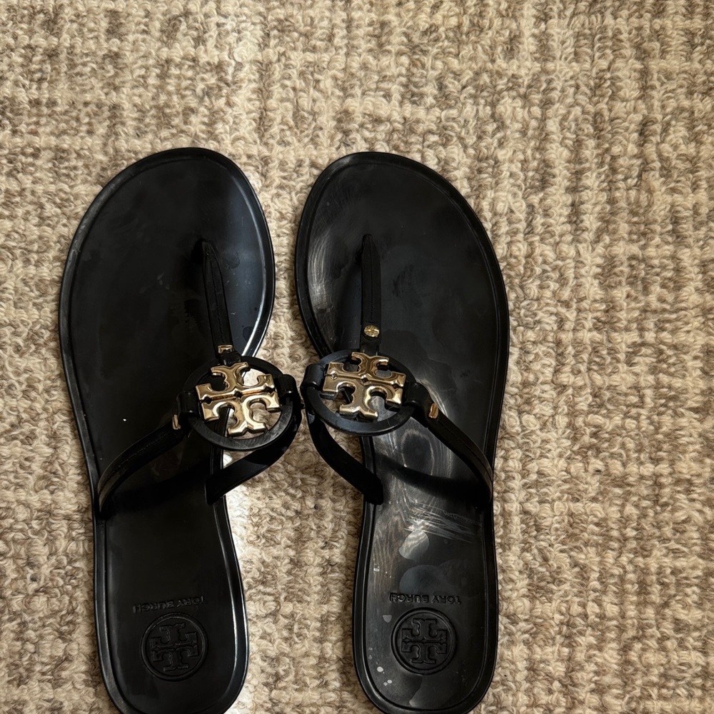 Tory Burch Black Sandals with Gold Logo jelly